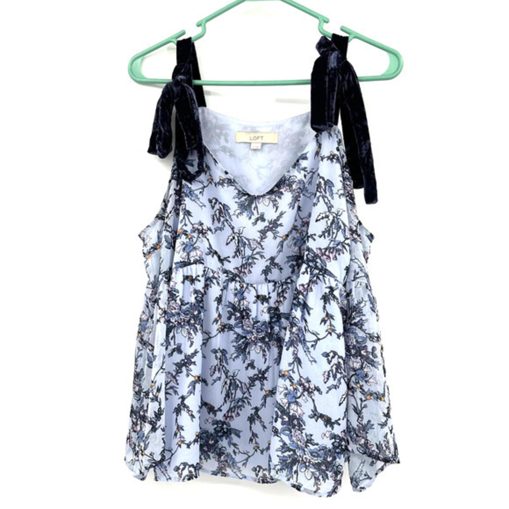 Loft Size Small cold shoulder long sleeve blouse blue floral pattern ribbon tie